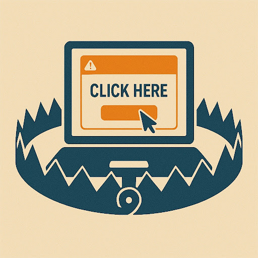 An illustration of a computer monitor with a 'Click Here' button sitting inside a dangerous bear trap.